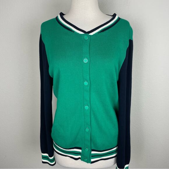 Talbots Green Navy Cotton Blend Button Cardigan Large - Picture 2 of 7